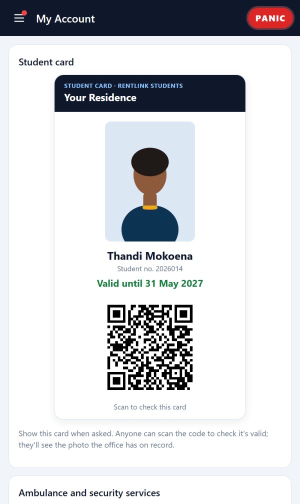 The student card in the app: the residence, the student's photo and name, and a code the guard scans
