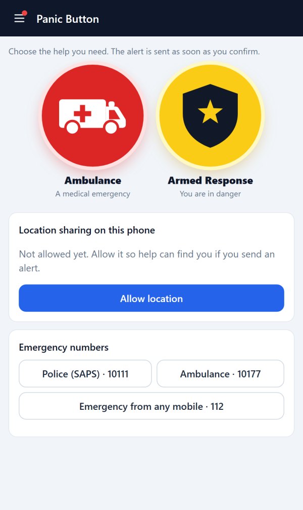 The Panic Button in the app: Ambulance and Armed Response