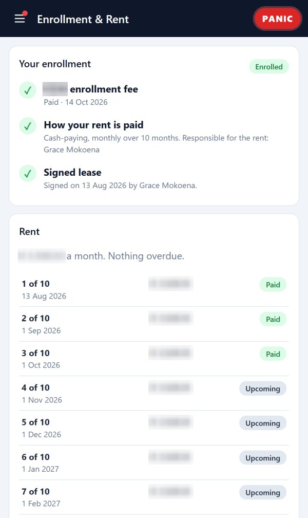 Enrollment and rent in the app: each month, paid or upcoming